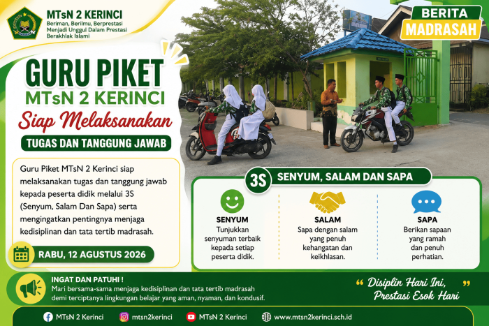 Guru Piket MTsN 2 Kerinci Tegakkan Disiplin dan Budaya 3S Guru Piket MTsN 2 Kerinci Tegakkan Disiplin dan Budaya 3S
