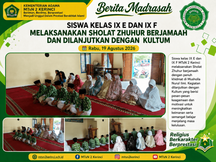 Siswa Kelas IX E dan IX F Laksanakan Sholat Zhuhur Berjamaah dan Dilanjutkan dengan Kultum Siswa Kelas IX E dan IX F Laksanakan Sholat Zhuhur Berjamaah dan Dilanjutkan dengan Kultum