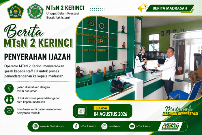 Penyerahan Ijazah dari Operator kepada Staf Tata Usaha untuk Proses Penandatanganan Oleh Kepala Madrasah Penyerahan Ijazah dari Operator kepada Staf Tata Usaha untuk Proses Penandatanganan Oleh Kepala Madrasah