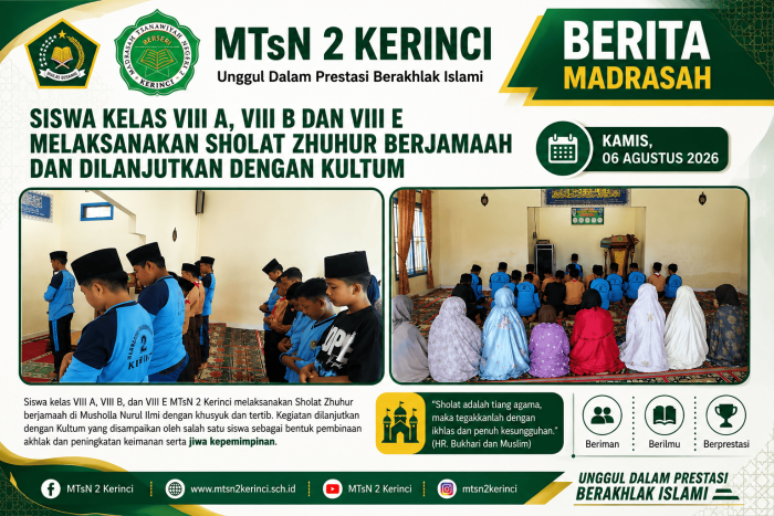 Siswa Kelas VIII A, VIII B, dan VIII E MTsN 2 Kerinci Melaksanakan Sholat Zhuhur Berjamaah dan Kultum Siswa Kelas VIII A, VIII B, dan VIII E MTsN 2 Kerinci Melaksanakan Sholat Zhuhur Berjamaah dan Kultum