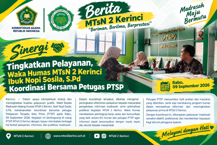 Sinergi Tingkatkan Pelayanan, Waka Humas MTsN 2 Kerinci Ibuk Nopi Sosila, S.Pd Koordinasi Bersama Petugas PTSP Sinergi Tingkatkan Pelayanan, Waka Humas MTsN 2 Kerinci Ibuk Nopi Sosila, S.Pd Koordinasi Bersama Petugas PTSP