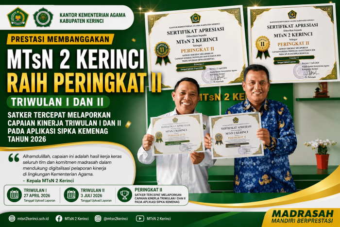 MTsN 2 Kerinci Raih Peringkat II Capaian Kinerja SIPKA Kemenag Triwulan I dan II Tahun 2026 MTsN 2 Kerinci Raih Peringkat II Capaian Kinerja SIPKA Kemenag Triwulan I dan II Tahun 2026
