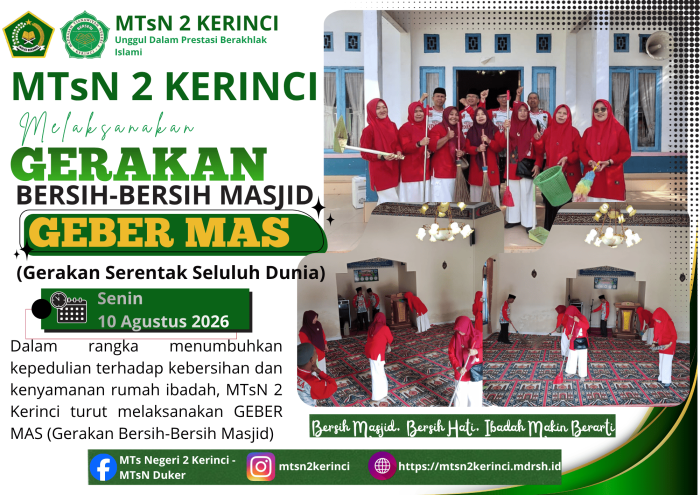 MTsN 2 Kerinci Laksanakan GEBER MAS, Gerakan Bersih-Bersih Masjid Serentak MTsN 2 Kerinci Laksanakan GEBER MAS, Gerakan Bersih-Bersih Masjid Serentak