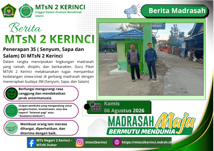 Guru Piket MTsN 2 Kerinci Terapkan Budaya 3M Setiap Pagi Guru Piket MTsN 2 Kerinci Terapkan Budaya 3M Setiap Pagi