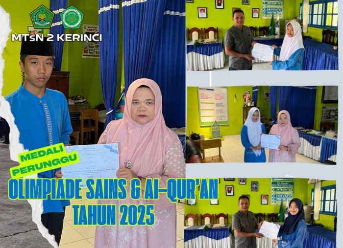 Kepala Madrasah dan Kepala TU MTsN 2 Kerinci Serahkan Sertifikat kepada Siswa-siswi Peraih Medali Perunggu Olimpiade Generasi Sains Al-Qurâ€™an 2025